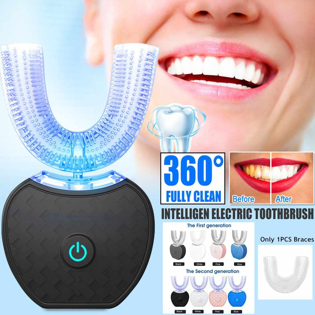 Brosse à dents électrique automatique intelligente 360° – Conception étanche en forme de U avec blanchiment par lumière bleue et recharge USB